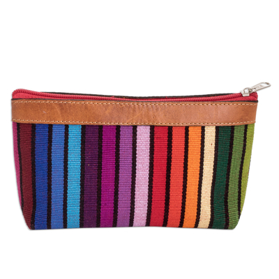 Colorful Hand-Woven Cotton Cosmetic Bag with Leather Trim