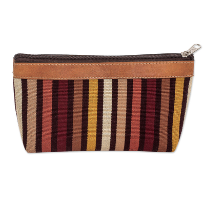 Striped Hand-Woven Cotton Cosmetic Bag with Leather Trim