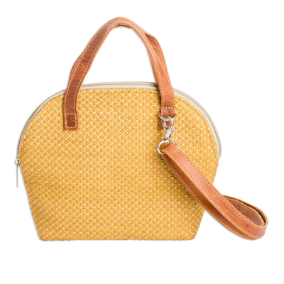 Leather-Accented Adjustable Cotton Sling Bag in a Honey Hue