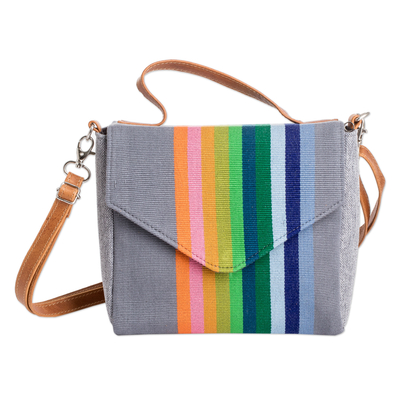 Leather-Accented Striped Cotton Sling Bag in Grey Base Hue