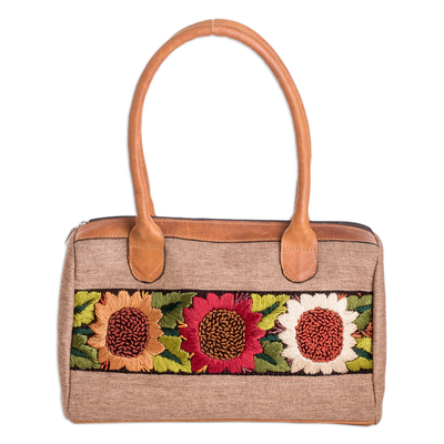 Leather-Accented Floral Embroidered Cotton Handbag in Brown