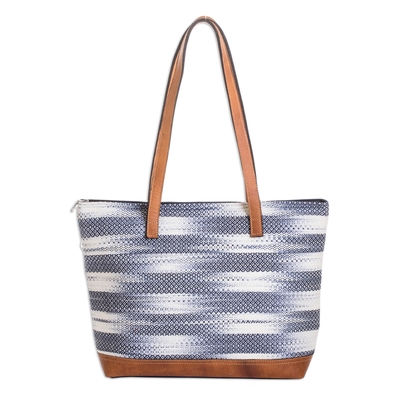 Handwoven Cotton Tote Bag with Leather Bottom Panel & Straps