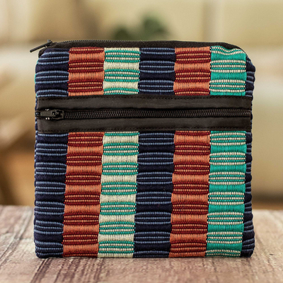 Woven Striped Turquoise, Blue and Brown Cotton Coin Purse