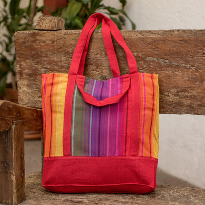 Handwoven Striped Red-Toned Cotton Tote Bag from Guatemala
