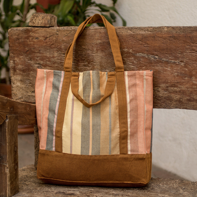 Handwoven Striped Brown-Toned Cotton Tote Bag from Guatemala