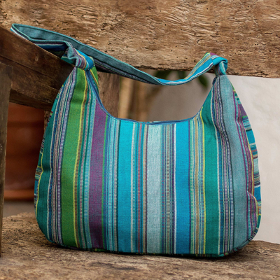 Handwoven Striped Blue and Green Zippered Cotton Hobo Bag