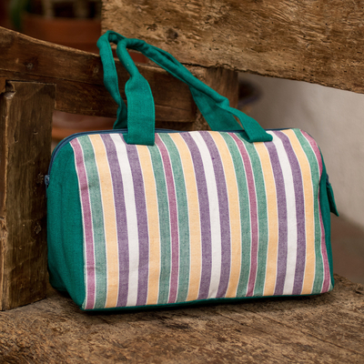 Handloomed Striped Viridian Cotton Handbag with Zipper