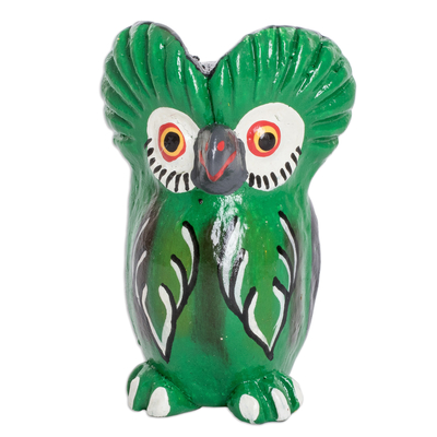 Ceramic Owl Figurine in Green Hand-Painted in Guatemala