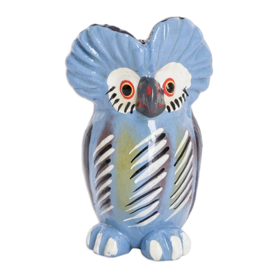 Ceramic Owl Figurine in Light Blue Hand-Painted in Guatemala