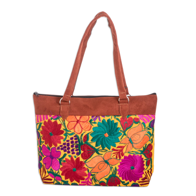 Handmade Floral Cotton and Polyester Blend Handbag in Brown