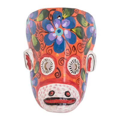 Hand-Painted Floral Monkey Pinewood Mask in Orange