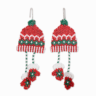 Crystal & Glass Beaded Christmas Hat Mittens Dangle Earrings