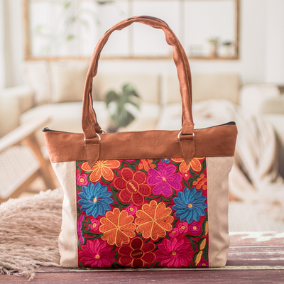 Embroidered Floral Cotton Shoulder Bag in Ivory and Brown