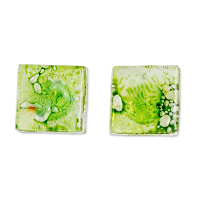 Eco-Friendly Geometric Green Recycled CD Button Earrings
