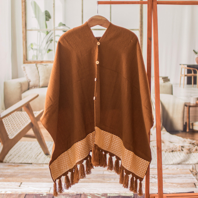 Handloomed Sepia Poncho with Tassels & Cotton Zigzag Accent
