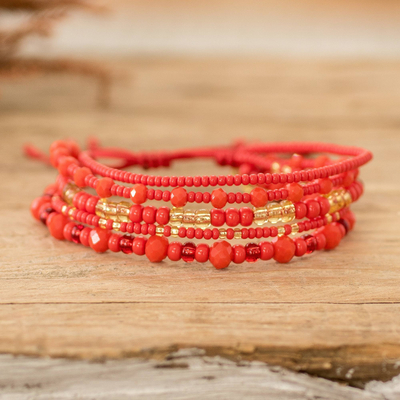 Red and Gold Handmade Multi-Strand Glass Beaded Bracelet