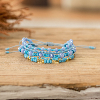 Handmade Multi-Strand Glass Beaded Bracelet in Light Blue
