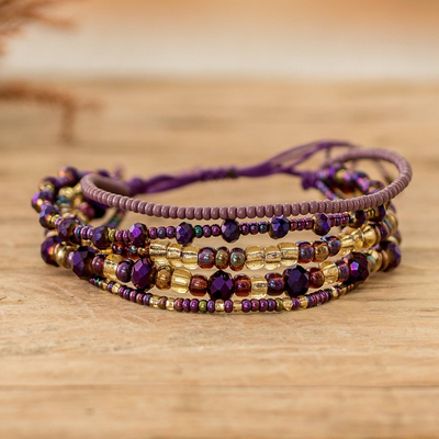 Purple and Gold Handmade Multi-Strand Glass Beaded Bracelet