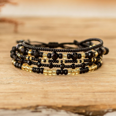 Black and Gold Handmade Multi-Strand Glass Beaded Bracelet