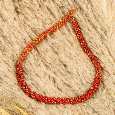 Handmade Glass Beaded Torsade Necklace in Red and Gold Hues