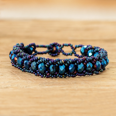 Blue Glass Beaded Wristband Bracelet Handmade in Guatemala
