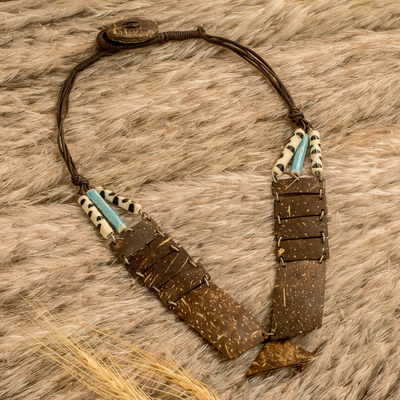 Coconut Shell & Ceramic Statement Necklace with Cotton Cord