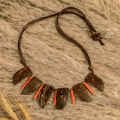 Coconut Shell & Ceramic Waterfall Necklace with Cotton Cord