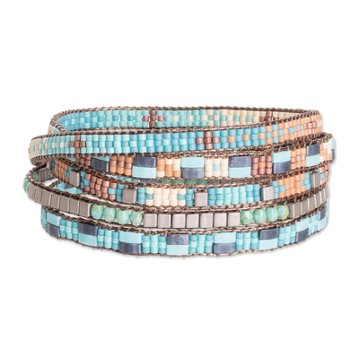 Handmade Turquoise and Brown Glass Beaded Wrap Bracelet