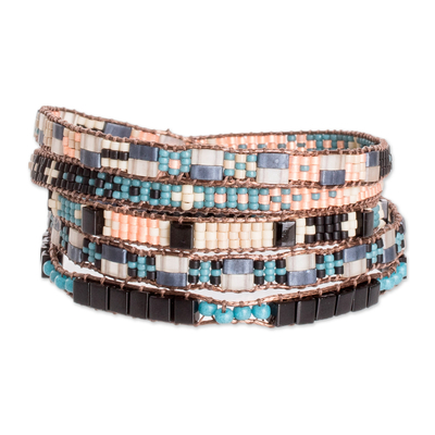 Handmade Black and Turquoise Glass Beaded Wrap Bracelet