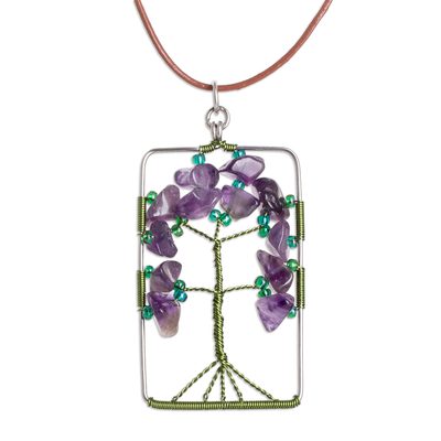 Tree-Themed Purple and Green Amethyst Pendant Necklace