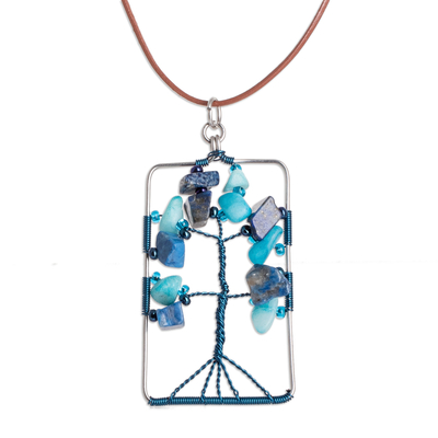 Tree-Themed Blue Lapis Lazuli and Quartz Pendant Necklace