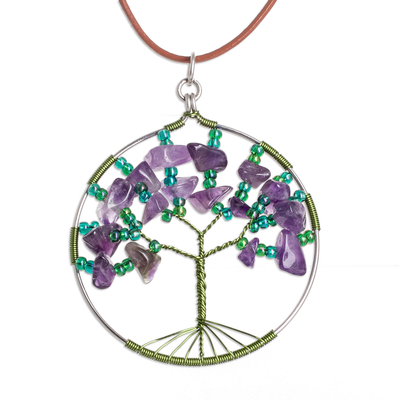 Tree-Themed Round Natural Amethyst Pendant Necklace