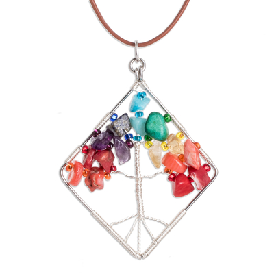 Diamond-Shaped Tree-Themed Multi-Gemstone Pendant Necklace