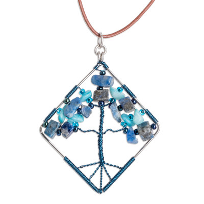 Diamond-Shaped Blue Jasper and Quartz Pendant Necklace