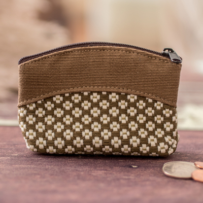 Olive and Ivory Cotton Coin Purse with Floral Pattern