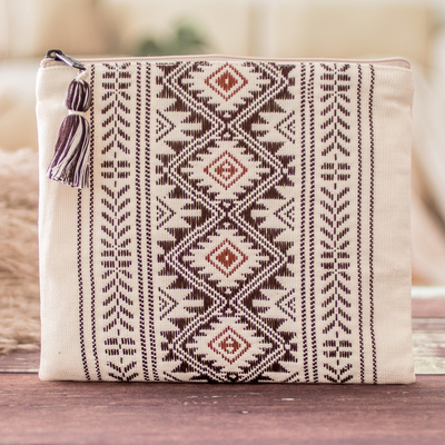 Traditional Patterned Zippered Ivory Cotton Cosmetic Bag