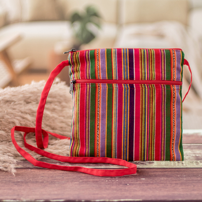 Handmade Classic Striped Red Cotton Sling Bag with Zipper