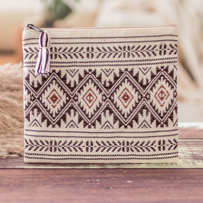 Geometric Patterned Zippered Ivory Cotton Cosmetic Bag