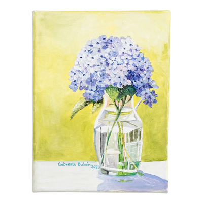 Still Life Painting of Blue Hydrangeas in Vase with Water
