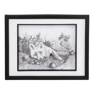 Framed Graphite Pencil on Paper Drawing of Fox in Nature