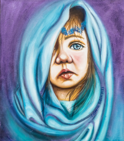 Oil Realist Portrait Painting of Child with Blue Headscarf