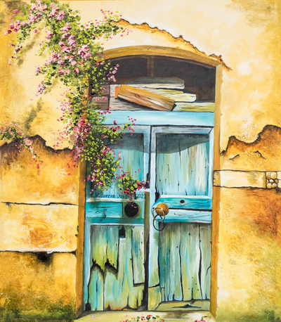Old Threshold with Flowers in Antigua Guatemala Oil Painting