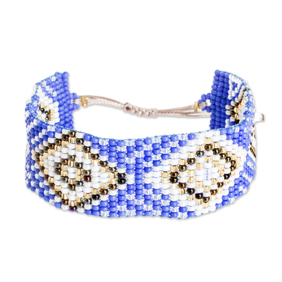 Blue and Golden Geometric Glass Beaded Wristband Bracelet