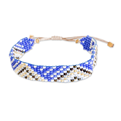 Geometric Blue and Golden Glass Beaded Wristband Bracelet