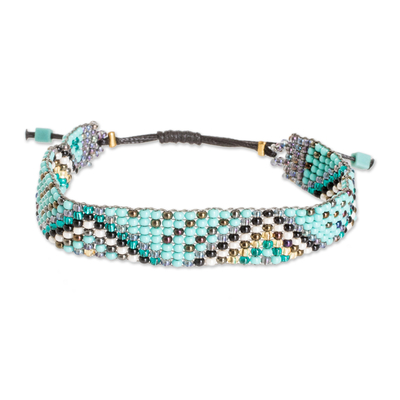 Turquoise and Golden Glass Beaded Wristband Bracelet