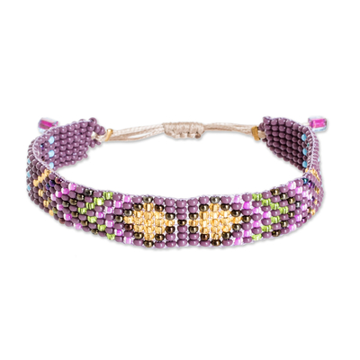 Geometric Purple and Golden Glass Beaded Wristband Bracelet