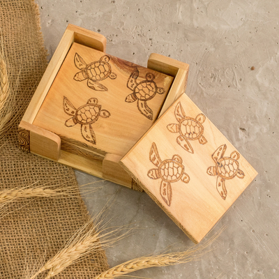Set of 4 Turtle-Themed Laurel Wood Coasters with Storage Box