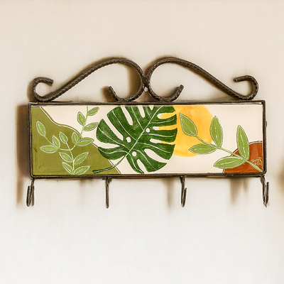 Hand-Painted Leafy White Iron and Laurel Wood Key Rack