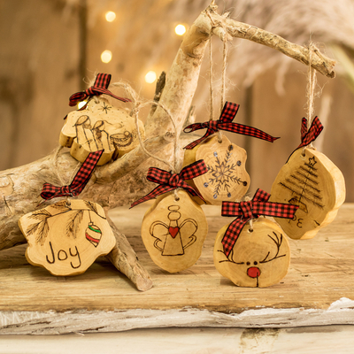 Christmas-Themed Coffee Tree Wood Ornaments (Set of 6)