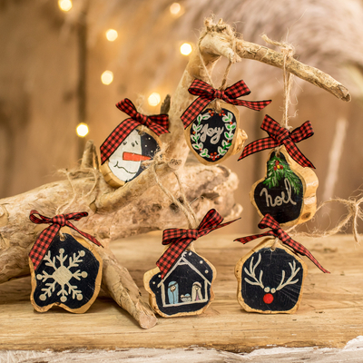 Christmas-Themed Black Coffee Tree Wood Ornaments (Set of 6)